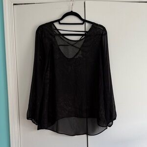 Charming Charlie Black Sheer Burnout Metallic Long Sleeve‎ Blouse Top Size S